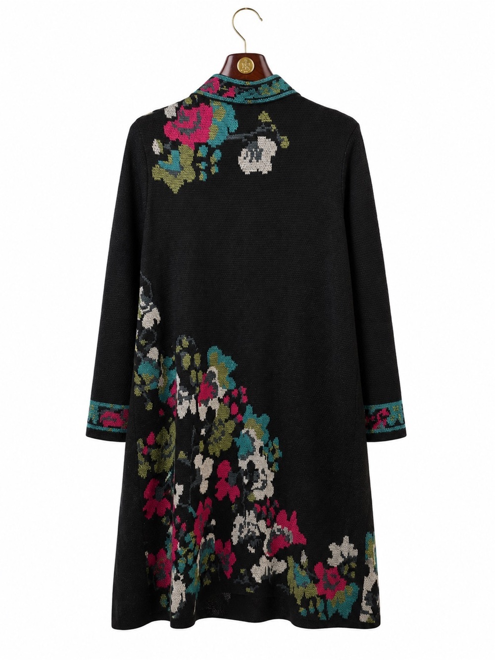J. Jill Black Floral Long Duster Cardigan Sweater Coatigan Size XL Front Pockets - Picture 3 of 8